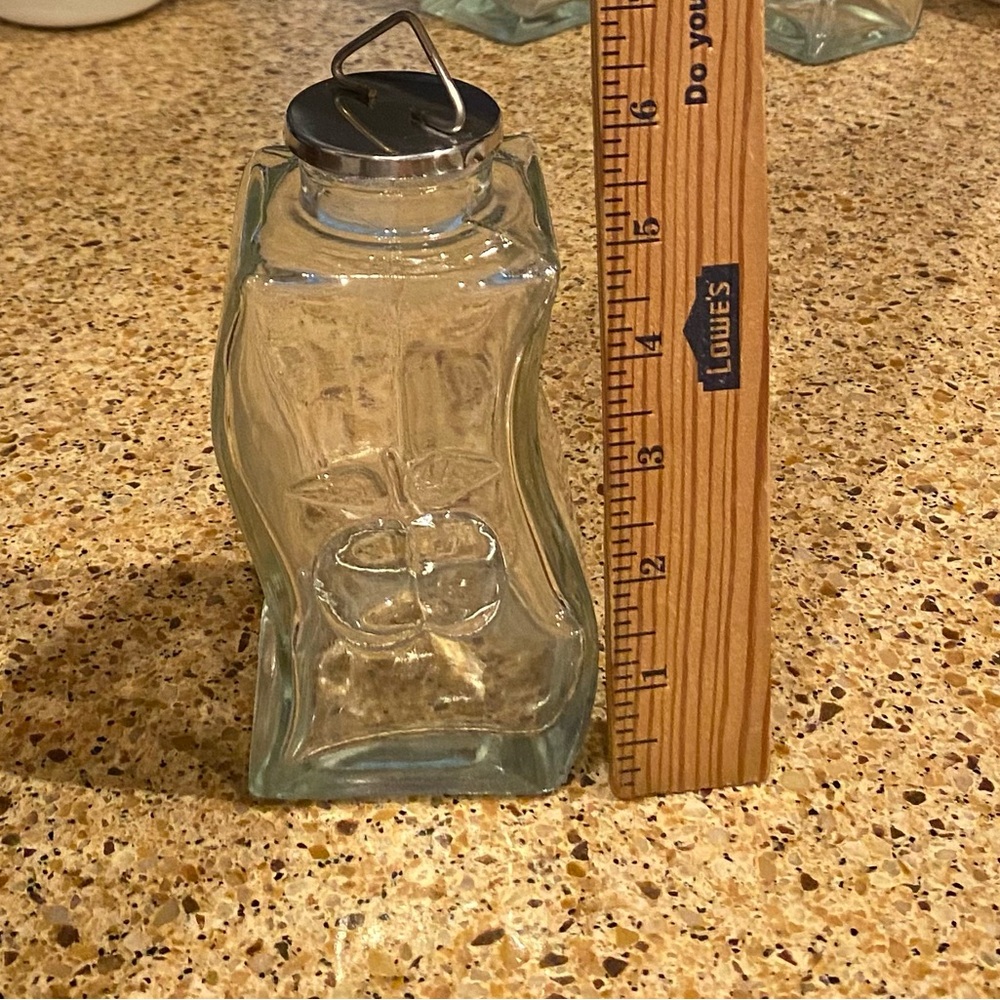 Vintage set of four wavy glass jars with metal lids and a handle appel 3D